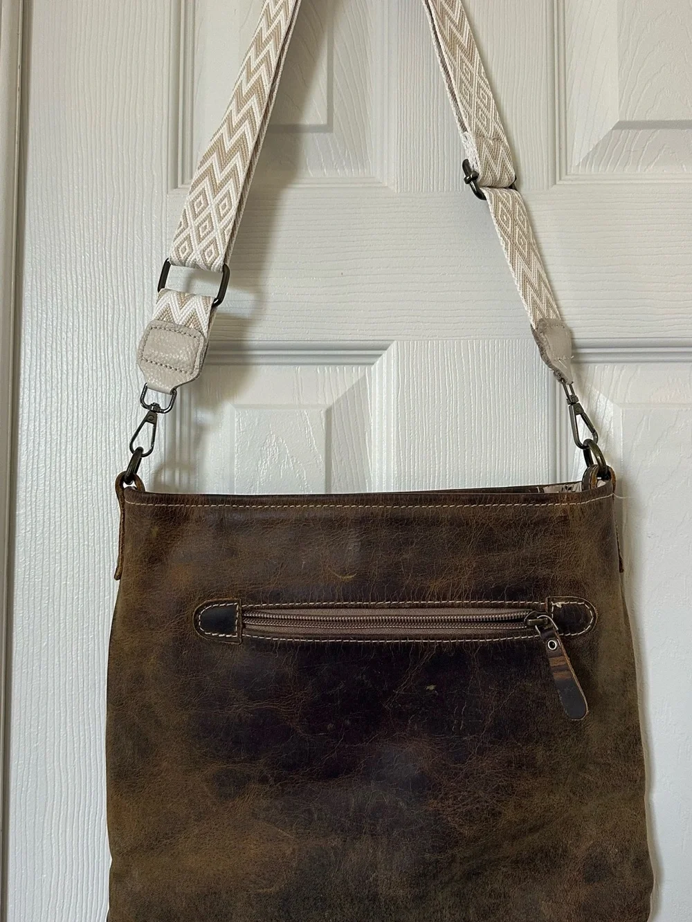 Myra Bag Distressed Brown Leather Hobo with Cream Woven Strap